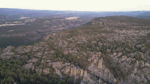Rocky valley landscape in valle de los monjes, creel, chihuahua, mexico, aerial view