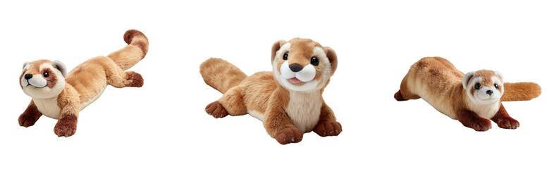  a full-body plushie of a sweet ferret with a long body and small paws, stretched out on a white background.