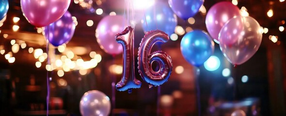 Shiny metallic number 16 balloon surrounded by colorful balloons in pink, blue, and white. Festive party setting with decorations