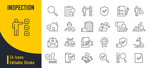 Inspection web icons in line style. Examination, testing, quality control, check, inspect, collection. Vector illustration.