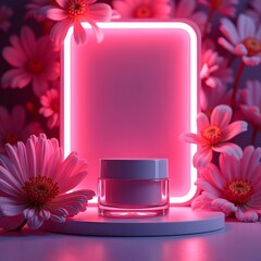 Magenta Bloom: Vibrant Neon Lights Illuminate Chic Cosmetic Jar in 3D Scene