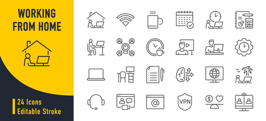 Working from home web icons in line style. Freelance, office, portfolio, hybrid work, online, time, coffee, productivity, collection. Vector illustration.