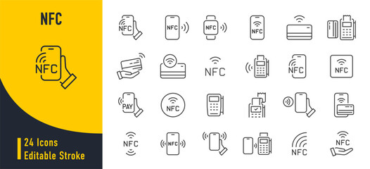 Nfc web icons in line style. Wireless payment, contactless, card, pay, nfc technology, collection. Vector illustration.