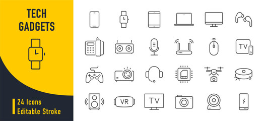 Tech Gadgets web icons in line style. Phone, tablet, laptop, startup, tv, dron, robot, game controler, vr, headphones, projector, collection. Vector illustration.