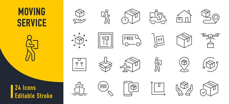 Moving Service web icons in line style. Courier, office move, packing, loaders, collection. Vector illustration.