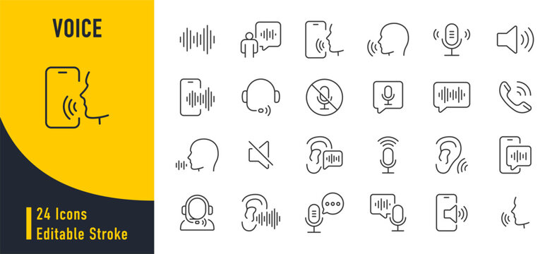 Voice web icons in line style. Sound wave, voice recognition, message, audio, speech, collection. Vector illustration.