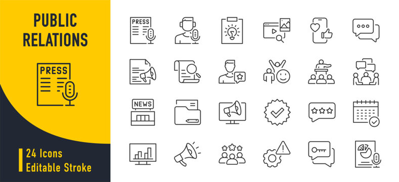 Public Relations web icons in line style. Social media, interview, reputation, press, feedback, planning, news, collection. Vector illustration.