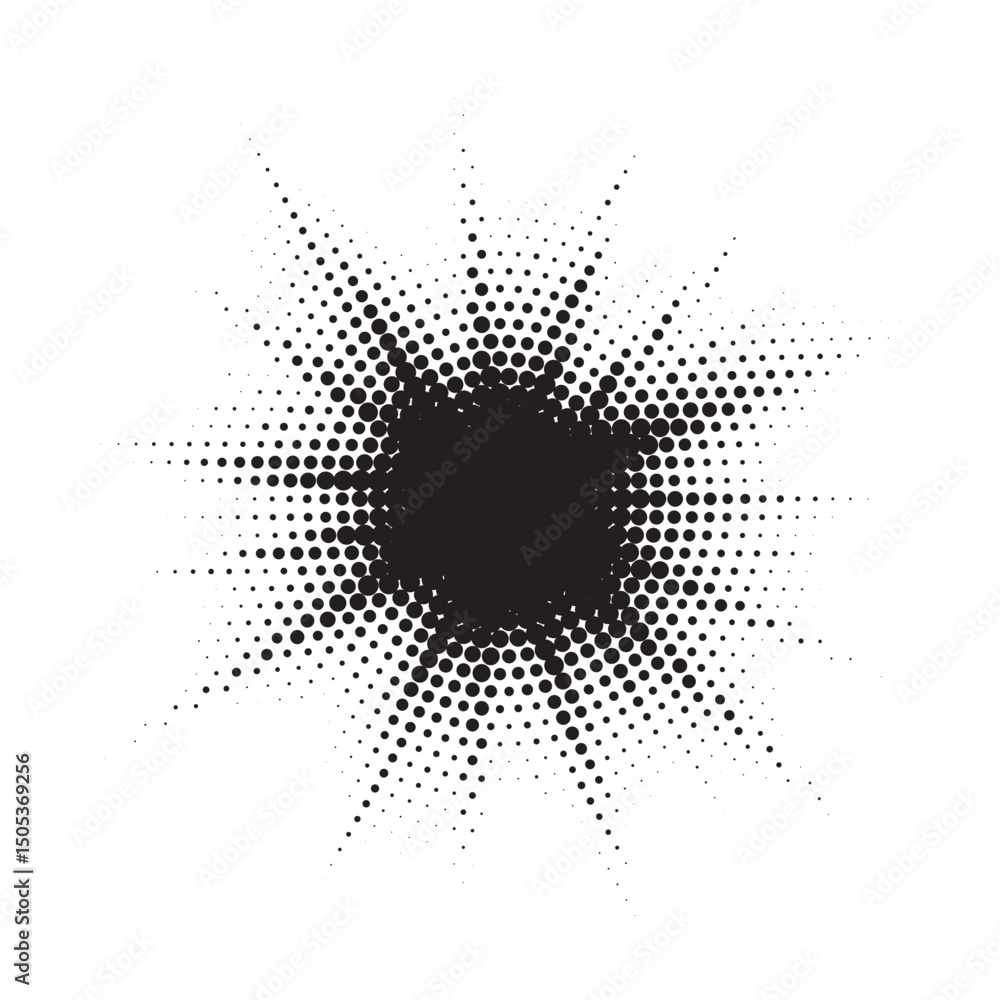 Poster Burst Halftone light effect. Glowing light burst. abstract grunge halftone dots background. Vector illustration.