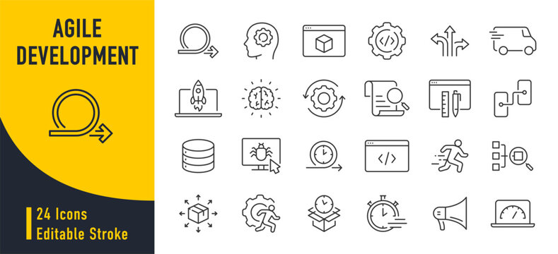 Agile Development web icons in line style. Scrum, requirements, maintenance, testing, software collection. Vector illustration.