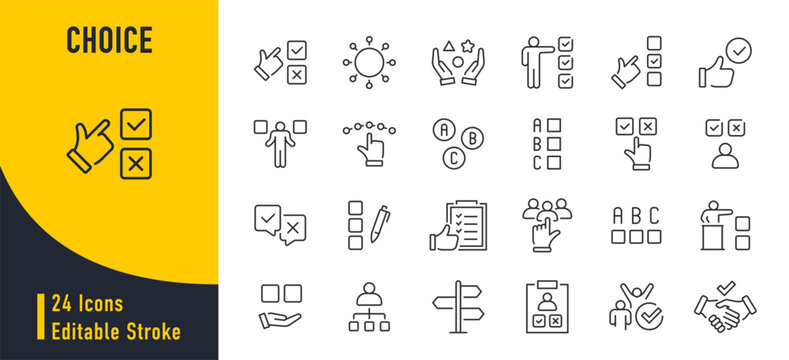Choice web icons in line style. Option, checkmark, solving, selection, choose, possibility, collection. Vector illustration.