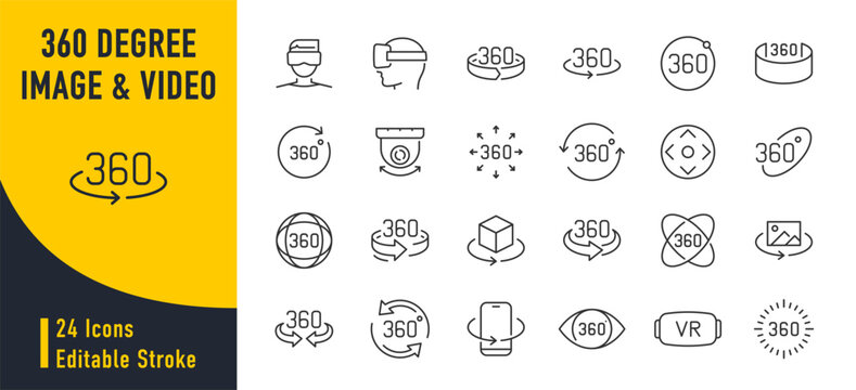 360 Degree image view web icons in line style. Virtual reality, vr glasses, panorama, round, collection. Vector illustration.