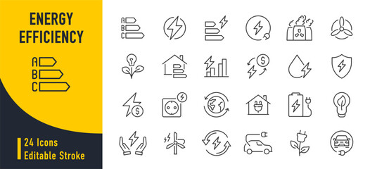 Energy efficiency web icons in line style. Green enegry, power plant, planet care, protection, solar energy. Vector illustration.