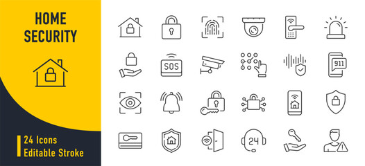 Home security web icons in line style. Alarm system, insurance, lock, key card, security camera, home protection.Vector illustration.