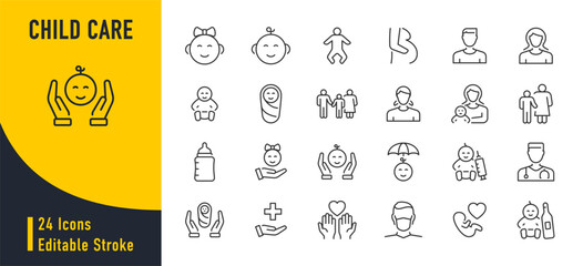 Child care web icons in line style. Care, support, safety, awareness, parenthood. Vector illustration.