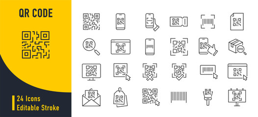 QR code web icons in line style. Scanning, coding, information, qr code, sign,identification. Vector illustration.