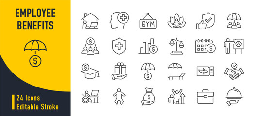 Employee benefits web icons in line style. Health insurance, bonus, social security, maternity rest, paid vacation, collection. Vector illustration.