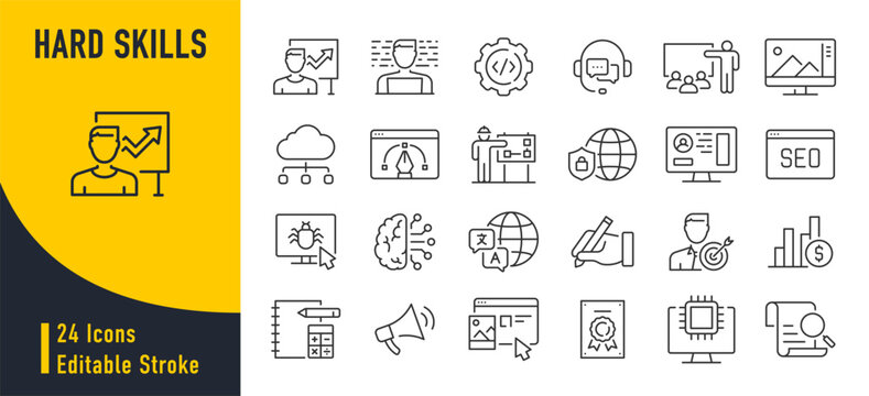 Hard skills web icons in line style. Accounting, coaching, data mining, cloud computing, copywriting, career progress, software, cyber security, artificial intelligence. Vector illustration.