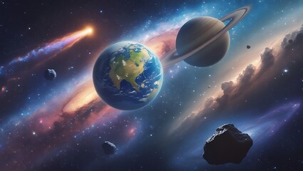 Cosmic Dance Earth and Saturn in a Celestial Ballet of Planets, Stars, and Asteroids