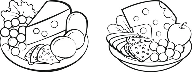 Set of Cheese on Plate Line Art Vector Design | Hand-Drawn Cheese Illustration for Food Art and Menus