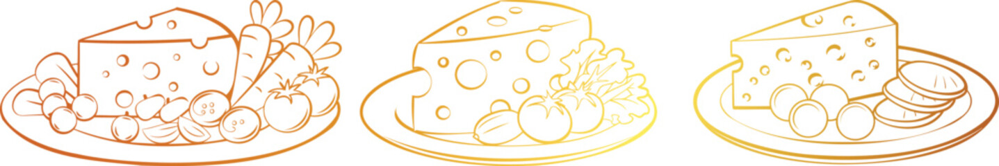 Set of Golden Cheese on Plate Line Art Vector Design | Elegant Cheese Illustration for Food Art