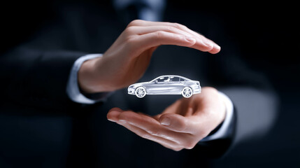 Professional man showcasing a holographic car model with hands in a modern environment, emphasizing technology and creativity