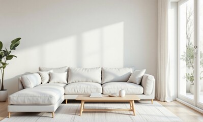 Scandinavian style minimalist living room with pastel gray sofa and wood accents