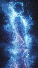 Obraz premium Hyper-realistic digital scene featuring blue and purple particles forming a detailed fractal structure that resembles multiple people dancing in unison on a black background.