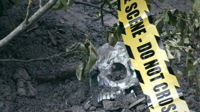 Police crime scene tape over macabre Human skull discovery in bushes