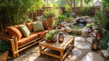 Obraz premium Outdoor patio area with bamboo furniture and a tranquil water feature.
