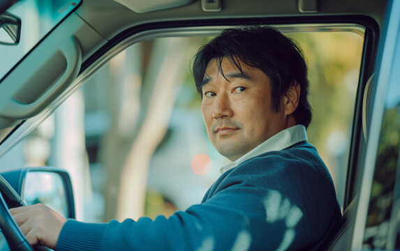 Man behind the wheel looking at camera. Driving responsibility and awareness concept.  
