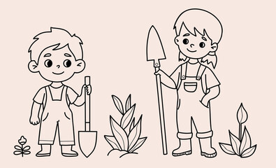 Cute Kids Gardening with Shovels. Outline boy and girl wearing overalls with garden tools. Isolated linear hand drawing. Springtime activity. Vector illustration