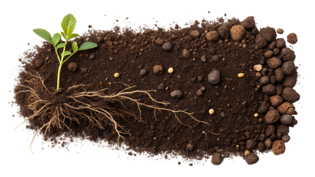 Young plant with roots in soil demonstrating growth and the importance of soil health