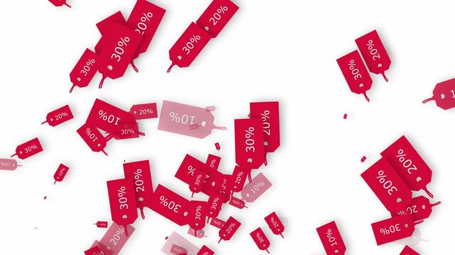 Sale and discount red label tags floating on white background