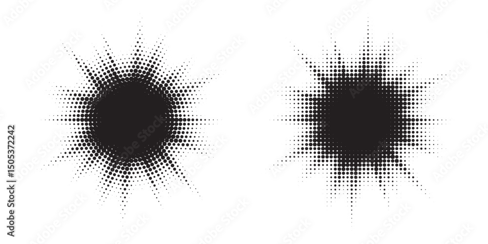 Aufkleber Halftone Background. Glowing light Halftone effect. Abstract grunge Starburst halftone dots background set. Star Flare, Shine light halftone texture. Retro background, pop art style.