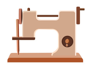 Wooden toy sewing machine for kids play with thread spool on white background
