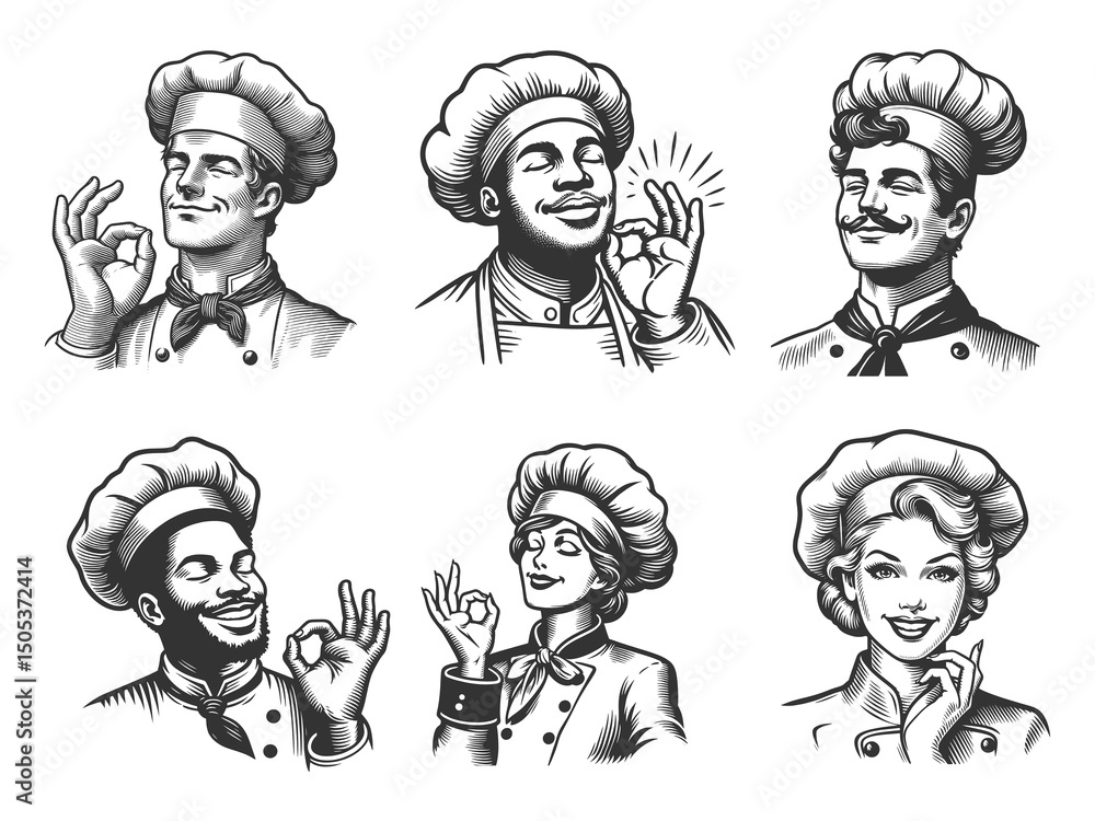 Aufkleber chef making ok hand gesture set collection bundle sketch engraving generative ai raster illustration