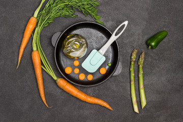 Bottle of olive oil in frying pan.