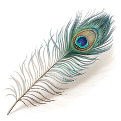 Obraz premium A single fluffy blue peacock feather with an intricate pattern, isolated on a white background