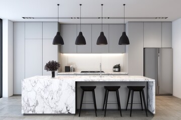 Modern kitchen with marble island and gray cabinetry.
