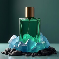 Enchanting Emerald Aroma Bottle on Blue Quartz with Volcanic Ash Surroundings