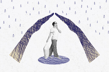 Collage of a person walking in rain with umbrella protected by giant hands symbolizing safety care...