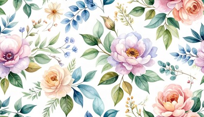 Obraz premium Seamless watercolor flowers and leaf pattern vector illustration design