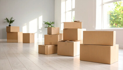 Corrugated cardboard boxes that have newly entered the sunny house. Empty frames and boxes containing luggage packed for moving.