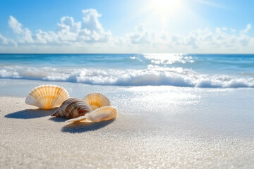 Seashells resting on white sand beach with ocean waves gently lapping the shore on sunny day