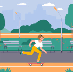 Girl on skate in city park. Summer outdoor sport leisure, teenager healthy activity. Happy female teen walking and riding skateboard, vector illustration