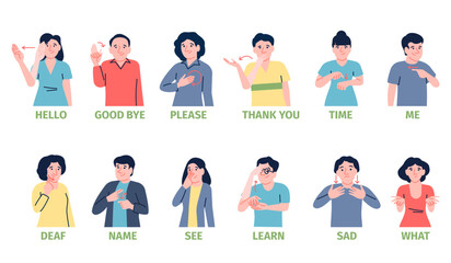 Sign language. Deaf mute people symbols for communication. Male female demonstration phrases hello good bye thank you, social messages, recent vector set © LadadikArt