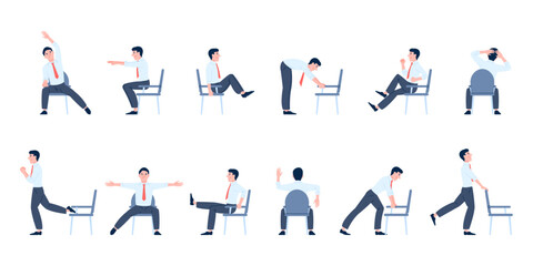 Office chair yoga. Manager workout at working place, prevention of back and neck pain. Sedentary lifestyle, different exercises recent vector set