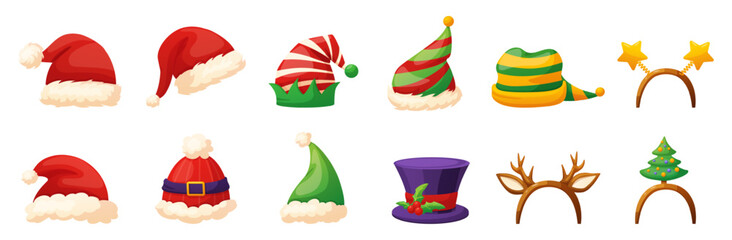 Christmas head accessories. Red santa hat, deer ears and horns, headband with xmas tree and stars. Elves hats with pom poms, nowaday vector set © LadadikArt
