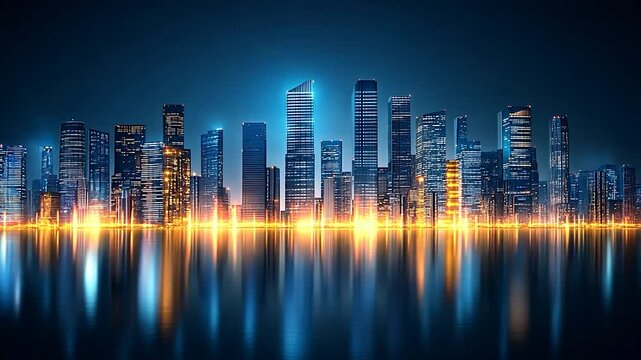 Night Cityscape Reflection:  Illuminated Metropolis Skyline at Night