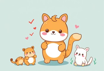 Kawaii cartoon animal self-care checklist with checkboxes and fun illustrations,  motivation,  self care